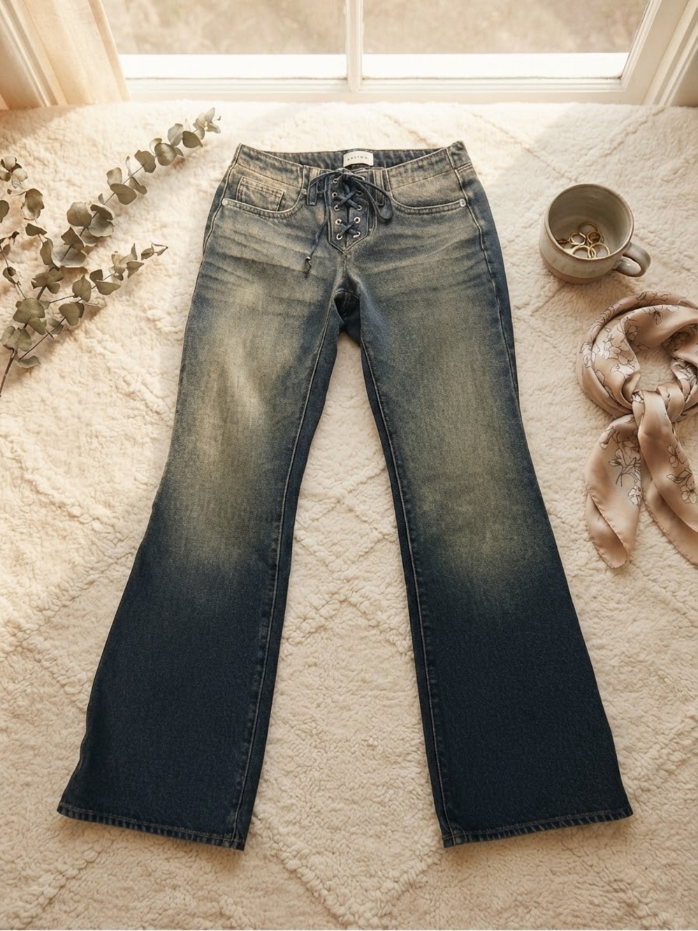 PacSun Y2K Low Rise Lace-Up Flare Jeans Size 23 S 2000s Boho